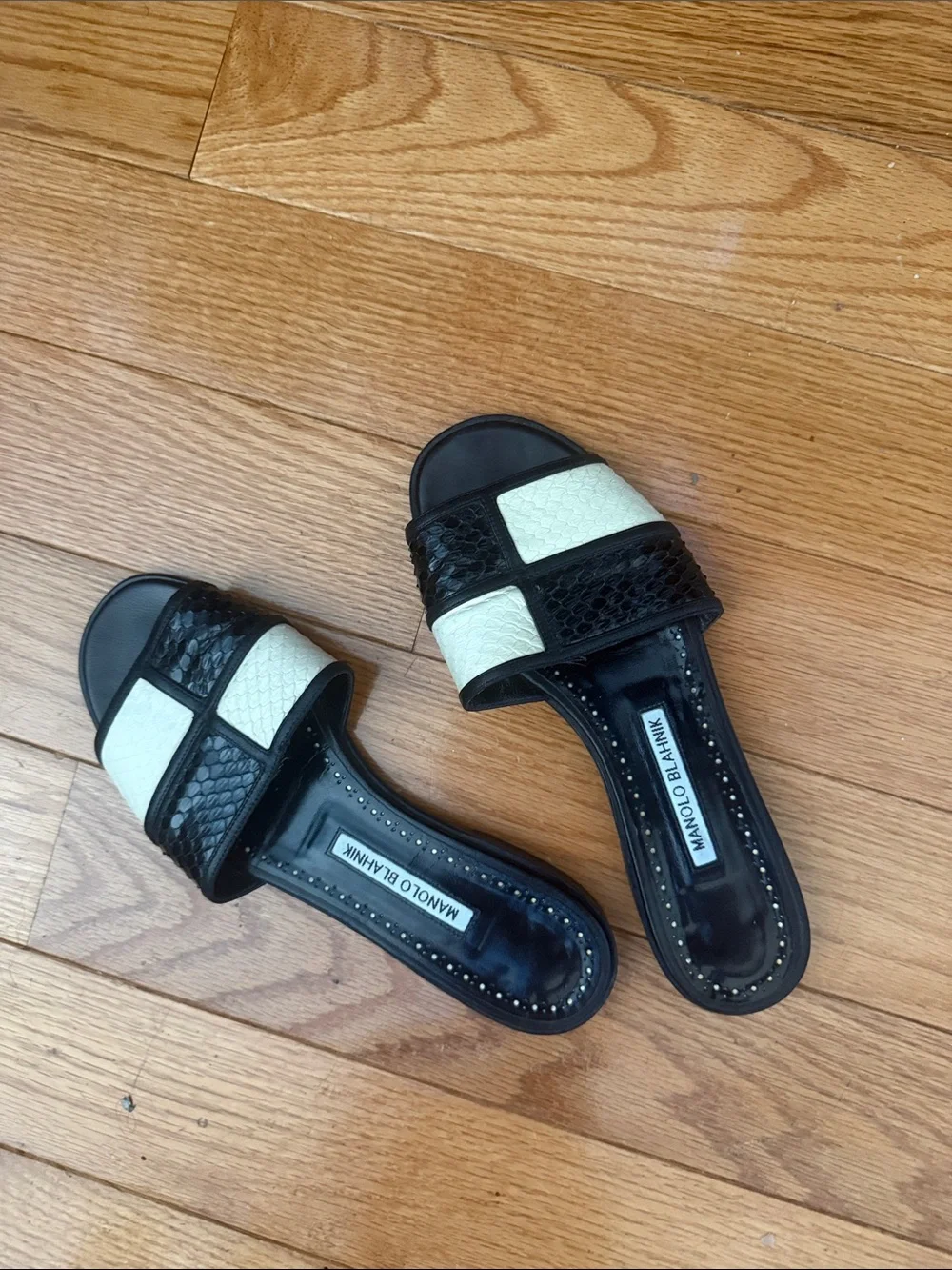 Manolo Blahnik Black and White Textured Slide Sandals